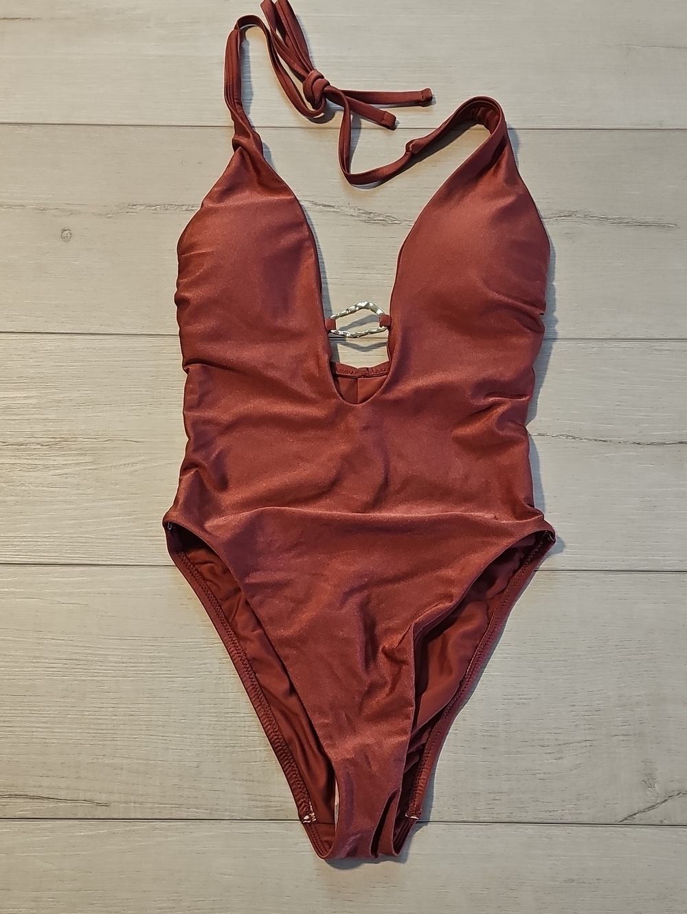 Shade & Shore Women's XS Shimmery Coral Colored Deep V Halter One-Piece Swimsuit